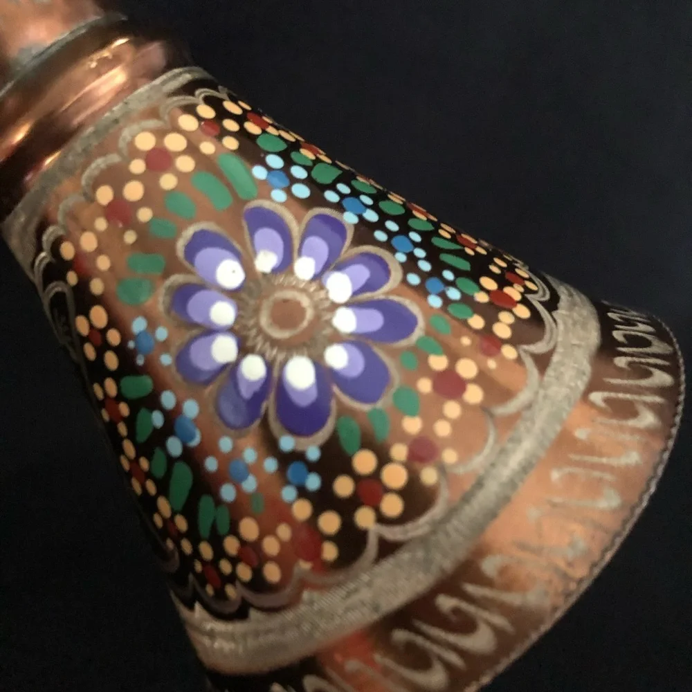 Vintage Hand Painted & Etched Copper Vase with Floral Designs